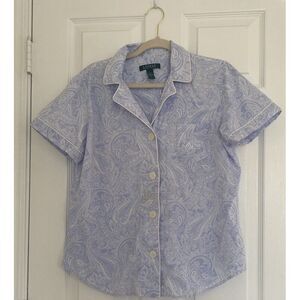 LAUREN RALPH LAUREN Blue Paisley Short Sleeve Pajama Top Woman L 100% Cotton